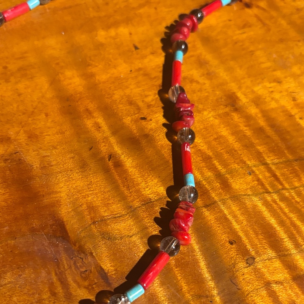 Vibrant Red and Turquoise Beaded Necklace with Pendant - Picture 3 of 4